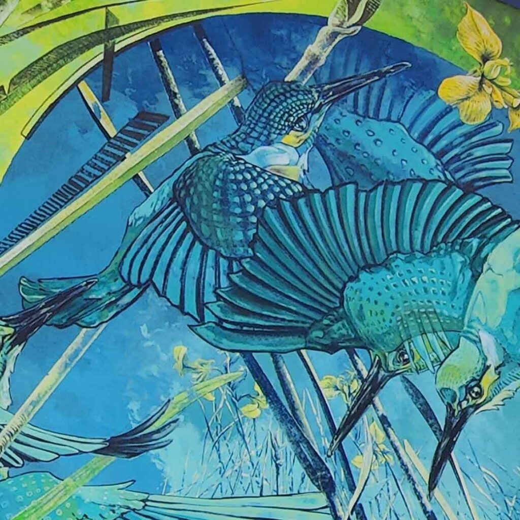 Mural by VIDEO.SCKRE in Landsberg, Bavaria, Germany. It depicts flying kingfishers and is painted in green and blue colors. Detail shot of the birds
